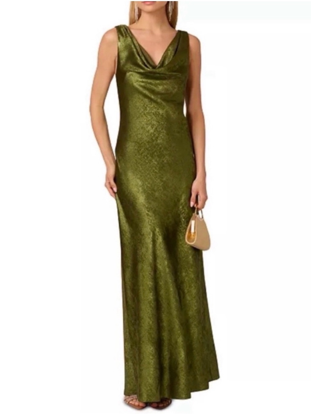 Adrianna Papell Olive Green Cowl-Neck Maxi Gown